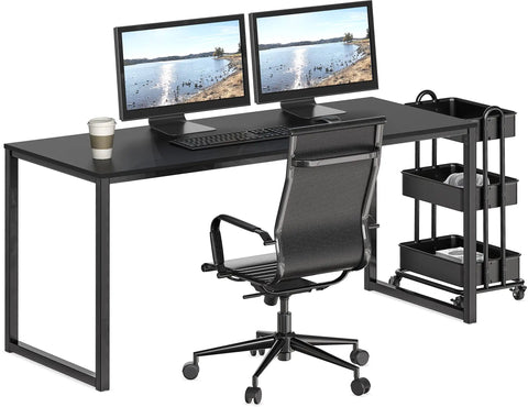 55 Inch Mission Style Home Office Computer Desk In Black With Sturdy Engineered Wood Top And Powder Coated Steel Frame For Rock Solid Stability Easy Assembly And Generous Space For Monitors Keyboard And All Your Office Gear with monitors, chair, and storage cart