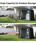 Mega Roomy Outdoor Bike Storage Tent Shed 82 By 59 By 73 Inch shown with bikes and yard equipment before and after storage