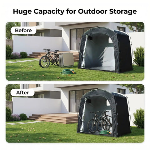 Mega Roomy Outdoor Bike Storage Tent Shed 82 By 59 By 73 Inch shown with bikes and yard equipment before and after storage