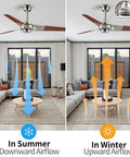 52 Inch Modern Wood Ceiling Fan Without Light For Indoor Outdoor Use, Reversible Blade Orientation, Brushed Nickel Finish