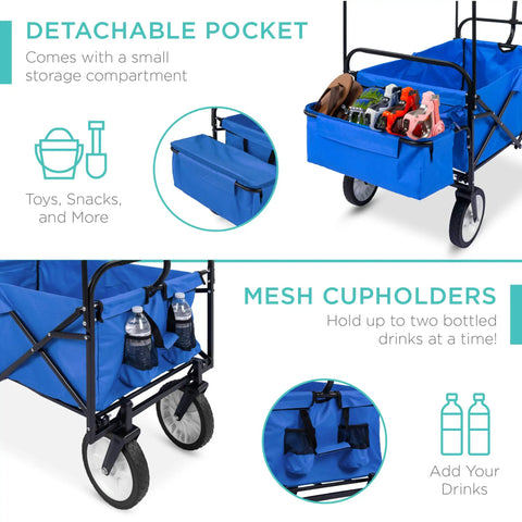 Grab And Go Collapsible Outdoor Utility Wagon With Removable Canopy, showing detachable pocket and cupholders for beach picnics.