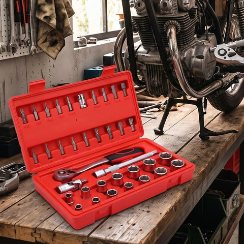 Knock Out Tough Shop Tasks With This Badass 3/8 Inch Drive 36 Piece Socket Ratchet Wrench Set Packing Smooth Chrome Steel extensions on workbench.