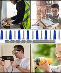 200 Piece Conical Concrete Wall Anchors And Self Tapping Screws Kit For Drywall With 10 Gauge Blue Anchors Includes 100 Drywall Anchors, 100 Pan Head Screws, And 1 Blue Drill Bit For Easy Do It Yourself Heavy Duty Mounting kit shown with various users drilling and using equipment.