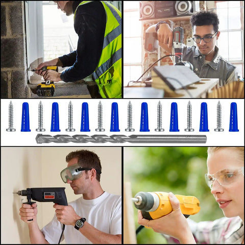 200 Piece Conical Concrete Wall Anchors And Self Tapping Screws Kit For Drywall With 10 Gauge Blue Anchors Includes 100 Drywall Anchors, 100 Pan Head Screws, And 1 Blue Drill Bit For Easy Do It Yourself Heavy Duty Mounting kit shown with various users drilling and using equipment.