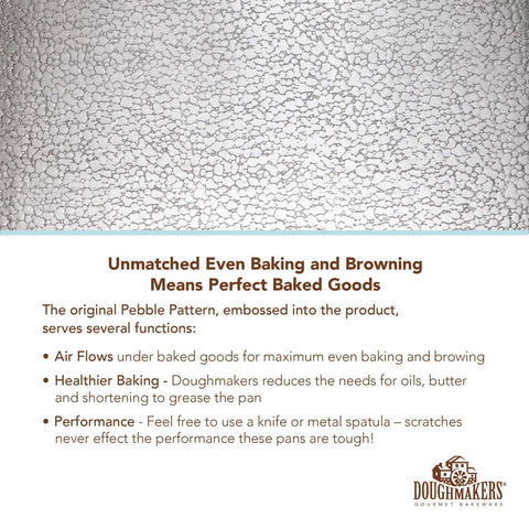 Pebble pattern of Pro Grade Aluminum Bake Pan 10 By 14 Inch Cookie Sheet with even baking benefits description.