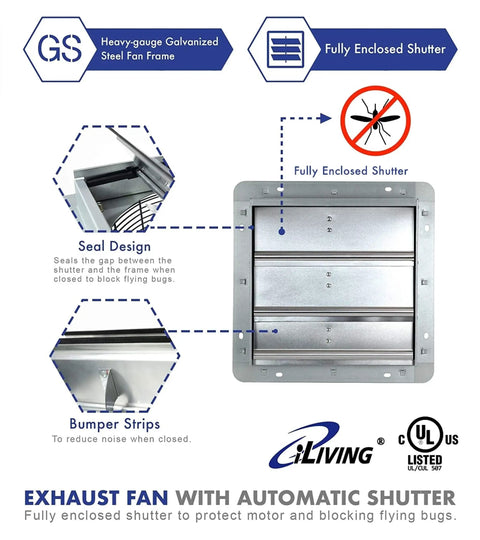 12 Inch Wall Mounted Exhaust Fan With Variable Speed And 960 CFM For Up To 1400 Sq Ft Coverage, Silver automatic shutter design