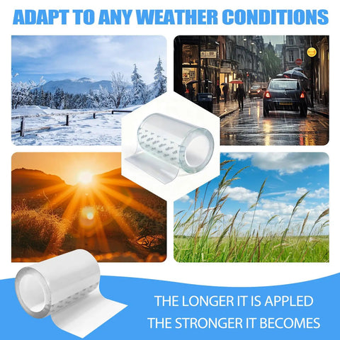 Waterproof Repair Tape For Fabric next to images of various weather conditions showing versatility and durability.