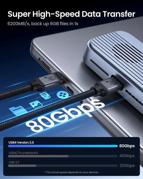 Ultra Fast USB4 Thunderbolt 5 Cable 5Ft USBIF Certified High Speed 80Gbps 240W 8K Ready Zero Signal Loss Bidirectional Data Transfer For Pro Gear And Creative Setups, braided black cable connected to laptop