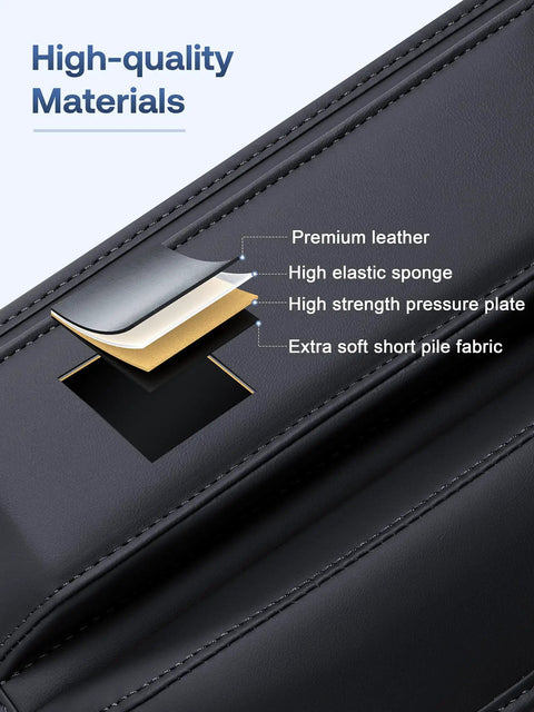 Close-up of Premium Leather Car Seat Gap Filler Organizer with flexible anti-drop edge, showcasing high-quality materials.