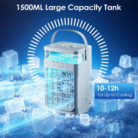 Compact Portable Personal Cooling Fan With Remote Control, Mini AC shown with ice cubes, highlighting 1500ml water tank capacity.