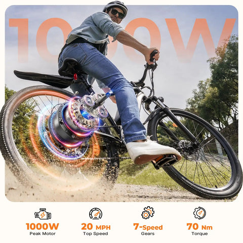 Beast 1000W Peak Electric Bike With 70 Mile Range, 20 MPH Top Speed, 26 Inch Tires, Dual Disc Brakes, Shock Absorber, App Control, Adjustable Seat, Commuter Bike For Adults in side view