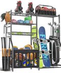 Heavy Duty Garage Sports Organizer All In One Golf Bag Rack And Multi Sport Ball Holder For Basketballs Bats And Kids Toys Indoor Outdoor Free Standing Gear Bin with various sports equipment including skis, golf bags, and balls.