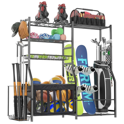 Heavy Duty Garage Sports Organizer All In One Golf Bag Rack And Multi Sport Ball Holder For Basketballs Bats And Kids Toys Indoor Outdoor Free Standing Gear Bin with various sports equipment including skis, golf bags, and balls.
