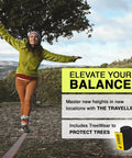 Person balancing on On-The-Go Slackline Kit With TreeWear Included in nature, showcasing 41-foot line with TreeWear protection.