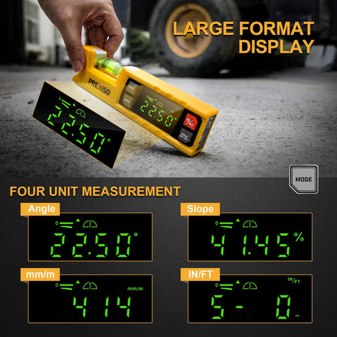 Magnetic Digital Level and Protractor Angle Finder with large display showing angle measurement for tough job sites.