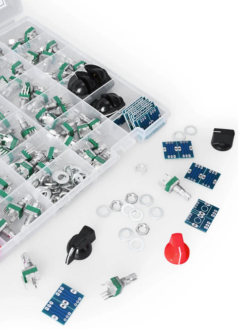 Vertical PCB Mount Potentiometer Kit, 100 Pieces, 9mm Pot, 15mm Shaft, 10 Percent Tolerance, multiple tapers, DIY electronics kit