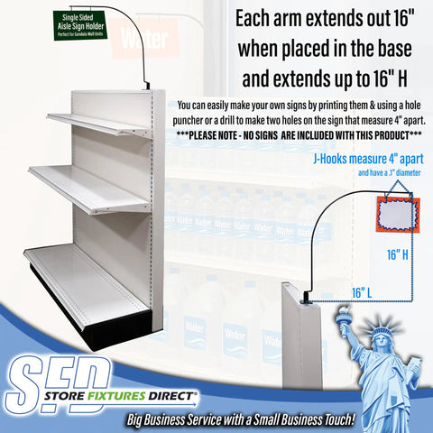 Rock Solid Curved Gondola Shelf Magnetic Sign Holder For Retail Store Aisles And Department Walkway Section Marker With Heavy Duty Dual Arms for effortless navigation, displayed on single sided shelf.