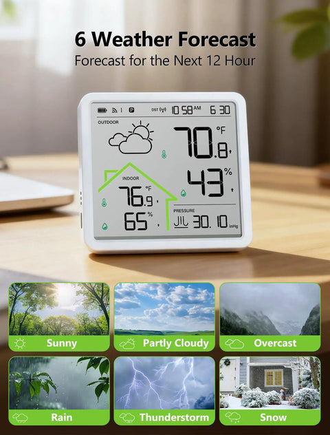 Front view of Rechargeable Weather Station With Wireless Indoor Outdoor Thermometer And Atomic Clock With WWVB, 4.3 Inch Backlit Display
