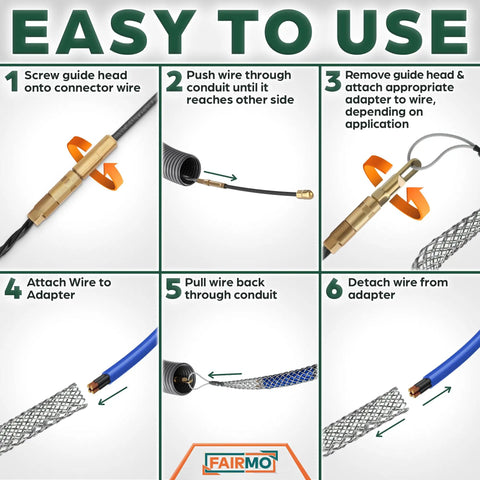 Fairmo 98.5 Ft Fish Tape With Extra Adapters Heavy Duty Pet Fiber Wire Puller Tool Kit instructions for easy cable installation.