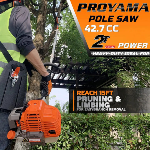 Gas Powered Pole Saw With Adjustable 90 To 180 Degree Head For A Beastly 15 Ft Reach Includes 12 Inch Bar And Chain And 38 Inch Extension For Tree Trimming And Tall Branches in use, showing 42.7cc engine and orange design.