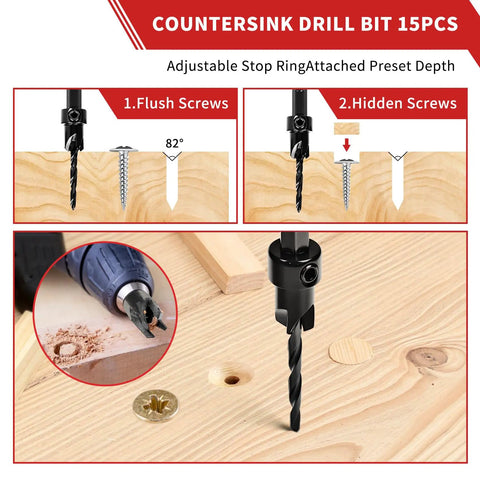 Diagram of Pro Grade 15 Piece Countersink Drill Bit Set For Woodworking With Nitrided HSS Bits showing flush and hidden screws