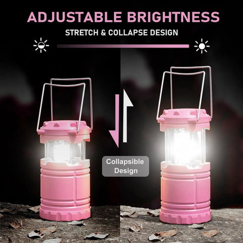 Pink LED Camping Lanterns With Portable Handle, Super Bright COB Light, 360 Degree Beam, Weatherproof ABS, adjustable brightness