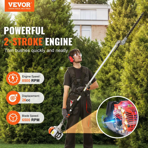 Man using Five In One 26cc Gas Powered Two Stroke Garden Tool Kit With Dual Sided Hedge Trimmer for yard trimming