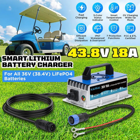 Heavy Duty 36Volt LiFePO4 Battery Charger 43.8V 18A With Zero Volt Wake Up And IP67 Waterproof Housing For Golf Carts Rv Boats And Trolling Motors Built Like A Tank And Drop Dead Simple