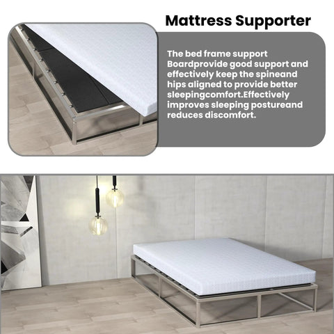 Straight Up Game Changer Queen Bunkie Board 60x80 Ultra Slim Bed Platform supporting mattress on a sleek metal frame.
