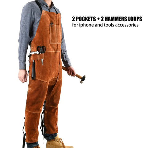 Person wearing Split Leg Leather Welding Apron For Men And Women, Heat Resistant And Flame Resistant Bib Apron, Heavy Duty Cowhide Leather, 24 By 52 Inches, One Size Fits Most, Knee High Full Coverage For Safe Welding, with tools in pockets