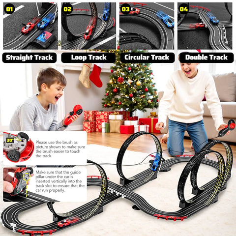 High Speed Dual Racing Track Set For Kids Aged 6 To 12 With Two Fast 1 To 64 Scale Cars, Plug In Or Battery Powered, shown in use with kids.