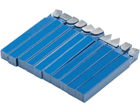 Ten blue 1/4-inch carbide-tipped lathe cutters with silver tips, arranged in a row