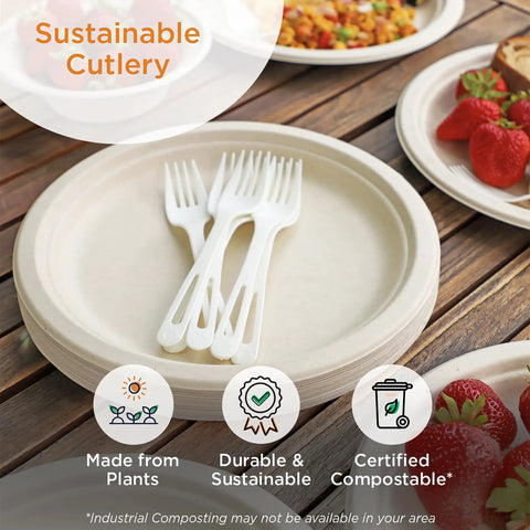 Compostable TPLA Cutlery Wrap Set Assorted Utensils Pack Of 250 Eco Friendly Durable Heat Resistant Plant Based Forks Spoons Knives For Parties Catering Picnics Events And Food Service Use Grab And Ready, white forks on paper plates