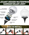Solar Cracked Glass Ball Outdoor Lights For Garden Decor Waterproof LED Warm White Two Globes Size Five Point Nine Inch Easy Setup Pathway Patio Yard Lawn Auto On At Night 6 To 8 Hour Charge Runs 8 To 10 Hours, showing step-by-step installation.