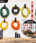 Heavy Duty Extension Cord Organizer Kit 12 Pack With 13 Inch Unfolded Straps Cord Wrap Hanger for Garage Tools displayed on wall