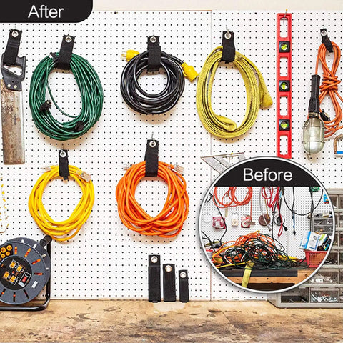 Heavy Duty Extension Cord Organizer Kit 12 Pack With 13 Inch Unfolded Straps Cord Wrap Hanger for Garage Tools displayed on wall