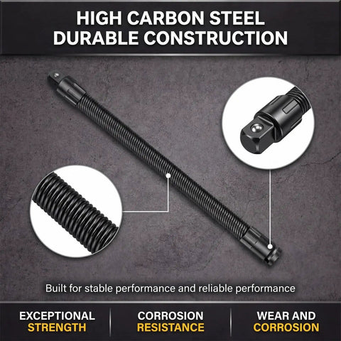 Half Inch Flexible Shaft Extension With 360 Degree Angled Rod, Torque Socket Connector, high carbon steel construction, close-up view.