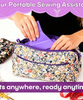 Person placing Dead Simple Three Prong Zipper Jig Tool With Self Adhesive Backing into a floral sewing bag, showcasing its portable design.