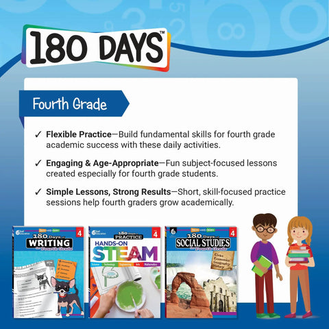 Fourth Grade 180 Days Workbook Series with cover images of writing, STEAM, social studies books and two cartoon students.