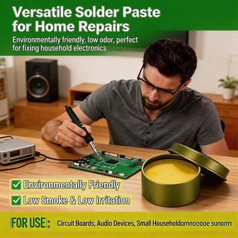 Man using All Purpose Solder Flux Paste 100g For Electronics And PCB Repair Lead Free Formula near circuit board