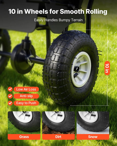 Close-up of 10 inch tire on Push Lawn Spreader With 12 Foot Spreading Width, 80 Lb Hopper, Easy To Use Walk Behind Broadcast Spreader.