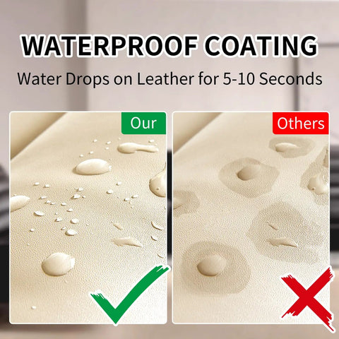 Comparison of waterproof coating on beige leather showing superior water bead resistance by Top Tier Leather Recoloring Balm Plus Deep Color Restorer.