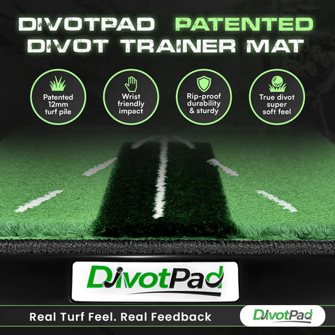 Patented Golf Training Mat With Real Give For Indoor And Outdoor Practice, 12 mm tufted turf mockup showing divot feedback