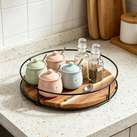 9 Inch Acacia Wood Lazy Susan Turntable with Iron Frame holding spice jars on countertop