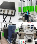 Automatic Desktop Round Bottle Labeling Machine With Conveyor Applicator For Cosmetics Beverages And Food Runs Twenty To Thirty Bottles Per Minute At One Hundred Ten Volts Hassle Free Plug And Play Setup, showing control panel and motor details.