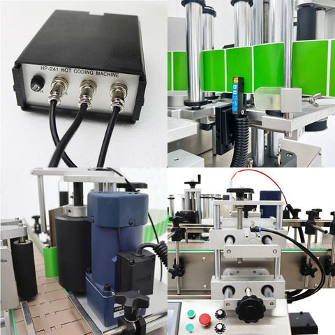 Automatic Desktop Round Bottle Labeling Machine With Conveyor Applicator For Cosmetics Beverages And Food Runs Twenty To Thirty Bottles Per Minute At One Hundred Ten Volts Hassle Free Plug And Play Setup, showing control panel and motor details.