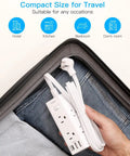 Ultra Flat Power Strip With 6 Outlets And 3 USB Ports No Surge Protection Slim 5 Ft Flat Cord Right Angle Plug Wall Mount Extender shown inside a suitcase for travel use