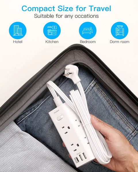 Ultra Flat Power Strip With 6 Outlets And 3 USB Ports No Surge Protection Slim 5 Ft Flat Cord Right Angle Plug Wall Mount Extender shown inside a suitcase for travel use