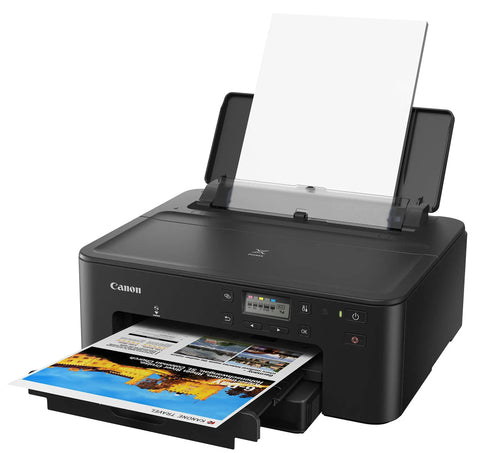PIXMA TS702a Wireless Single Function Printer With AirPrint And Mopria, Energy Star certified, shown with photo paper tray and document output.