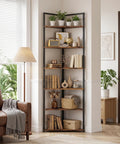 Six Tier Corner Bookshelf With Industrial Metal Frame And Engineered Wood Shelves Tall Seventy One Point Seven Inch Bookcase